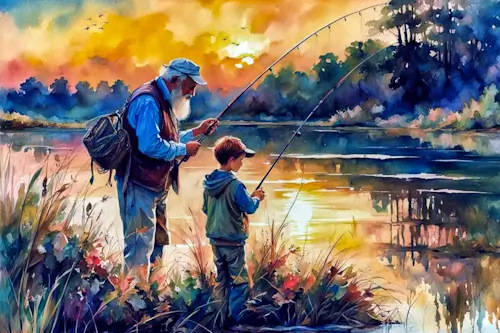 Grandfather Teaching Grandson How To Fish