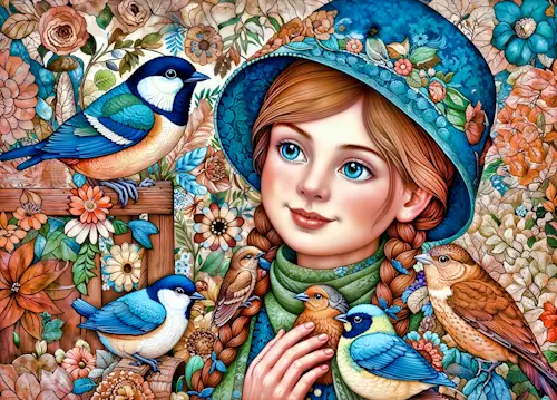 A Girl And Birds – Tuesday’s Daily Jigsaw Puzzle