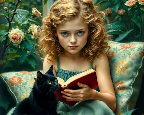 A Young Girl, A Book, And Her Cat