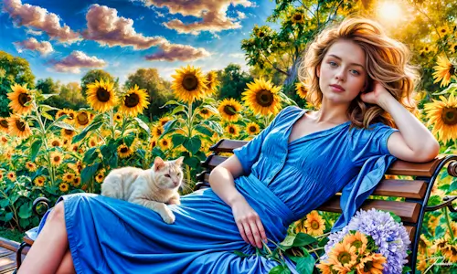 Girl On A  Park Bench With a Cat and Sunflowers